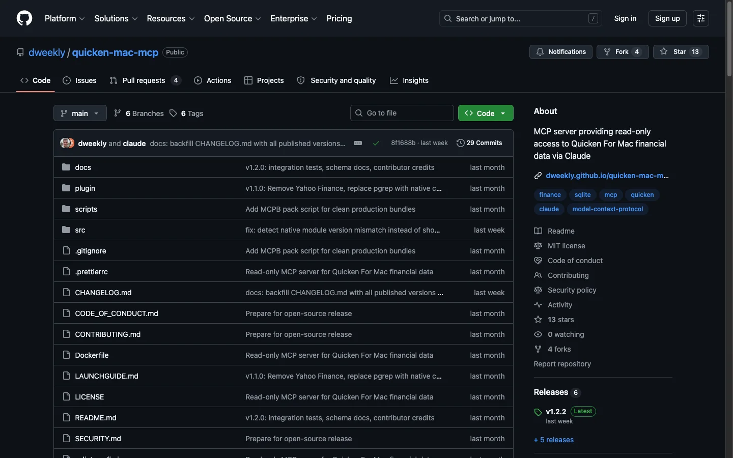 Quicken Mac MCP GitHub repository